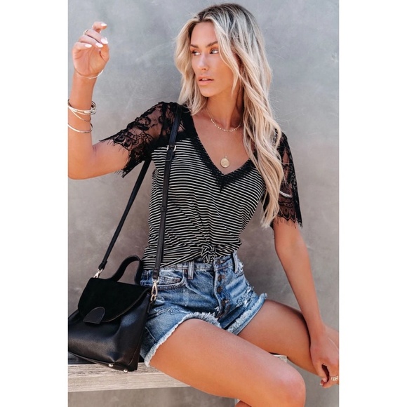 POL Black with White Stripes V Neck Lace Sleeve Rayon Jersey Tee - Picture 7 of 11